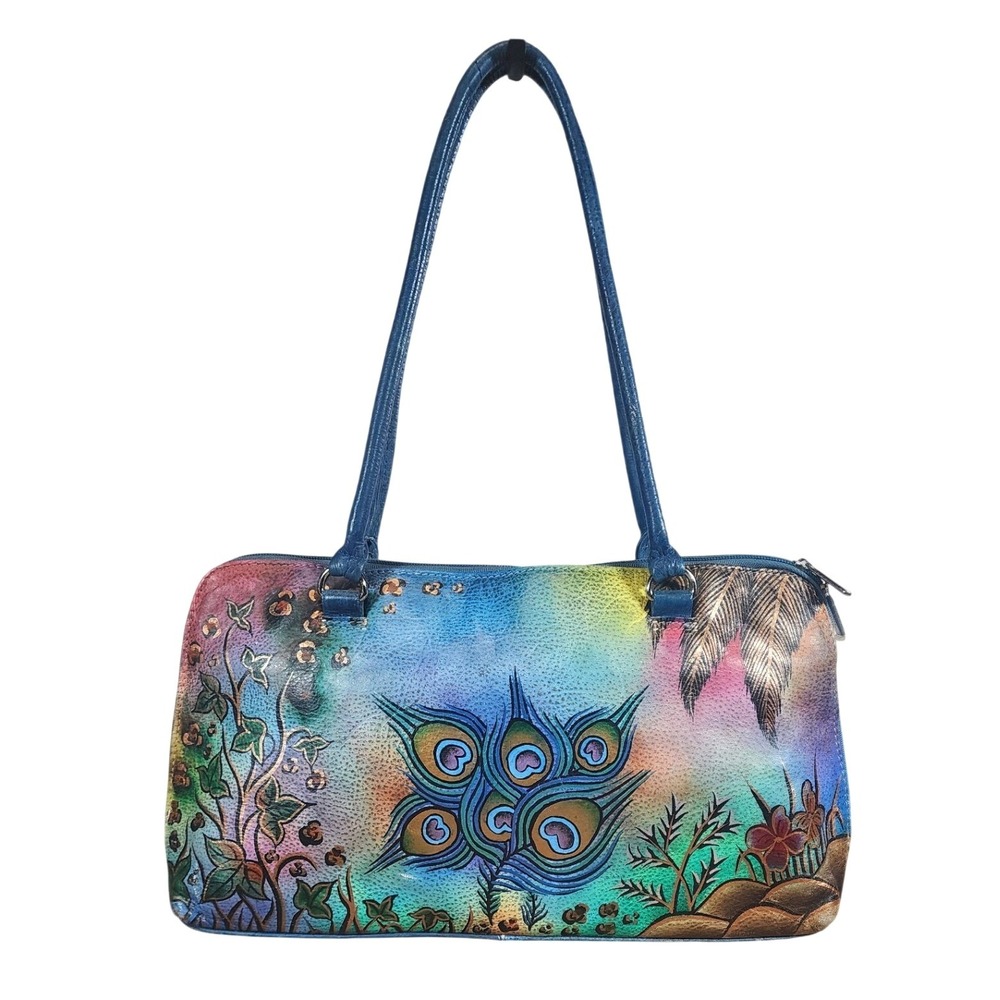 Biacci Handpainted Handbag Shoulder Bag Leather Multicolor Peacock Feather Art